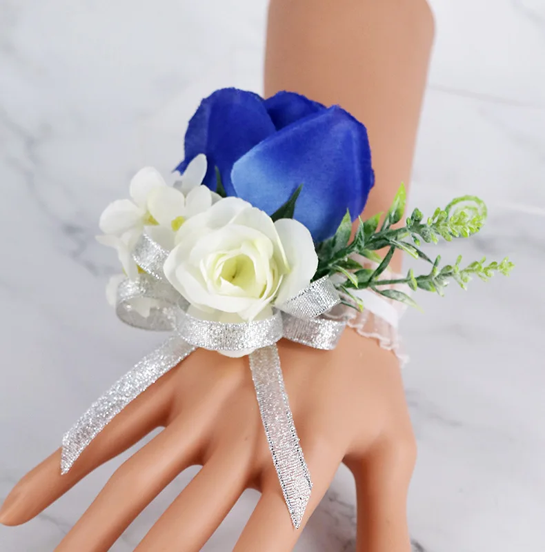 Boutonniere dan Wright Corsage upacara pernikahan pengantin laki-laki korsase biru mewah kerah saudara perempuan boudoir group sutra imitasi