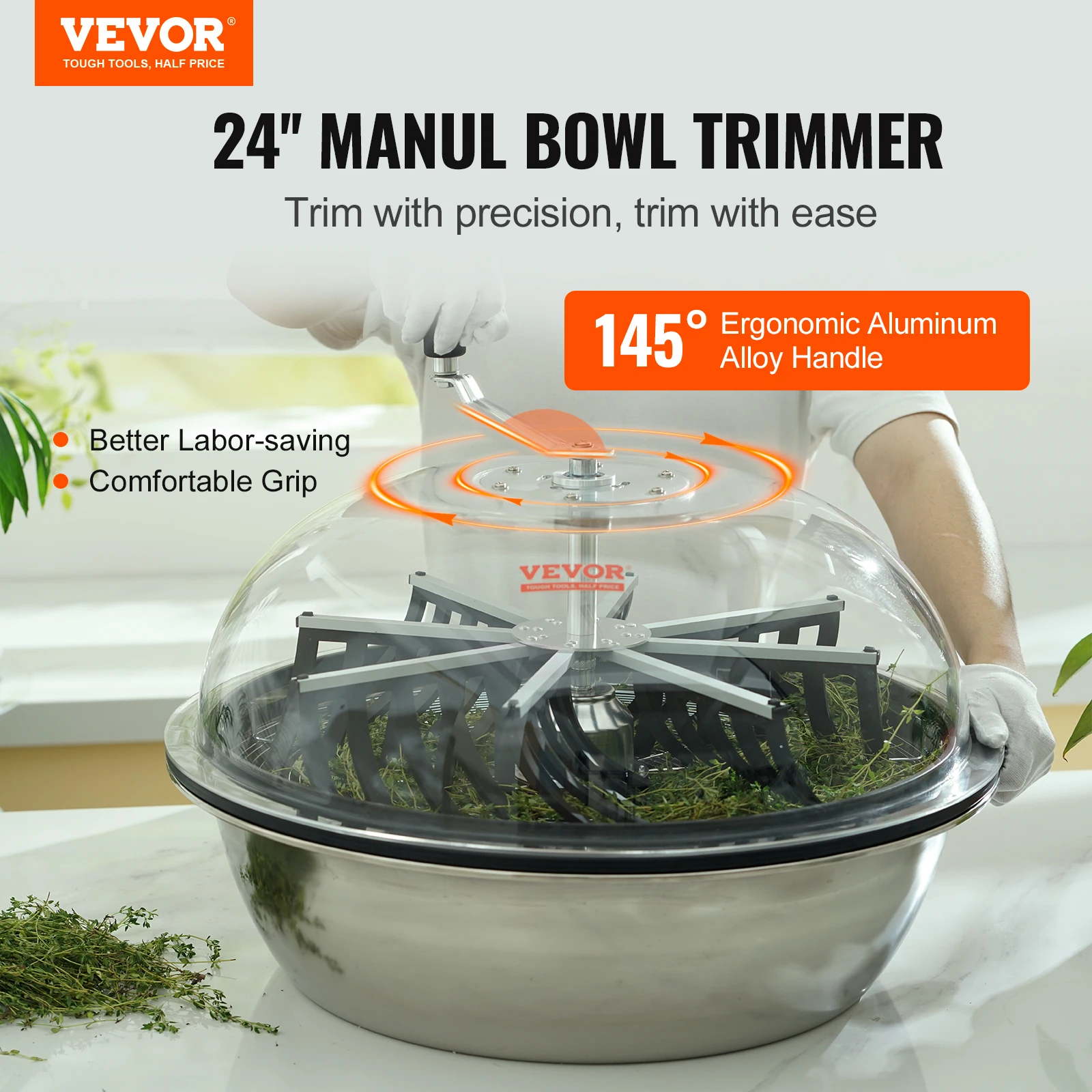 VEVOR Leaf Bowl Trimmer,24'' Trimmer Bowl,Manual Bud Trimmer w/Stainless-Steel Blades for Twisted Spin Cut,Clear Visibility Dome