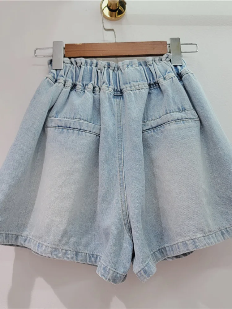 [EWQ] Luxury High Quality Diamond Studded Beads High Waist Loose Denim Wide Leg Shorts For Women 2024 New Spring Summer 16U9607