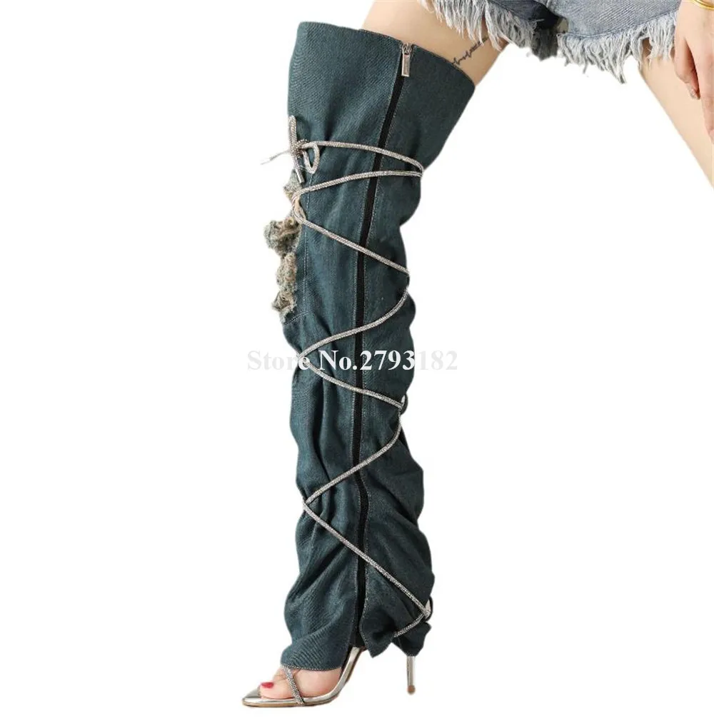 Newest Straps Cross Blue Black Denim Over Knee Gladiator Boots Open Toe Holes Decorated Thin Heel Long Boots