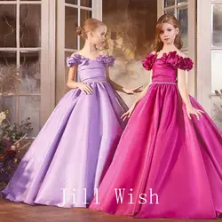 Jill Wish Elegant Fuchsia Girl Dress Appliques Lilac Princess Dubai Gown for Kids Wedding Communion Party Quinceanera  2024 J167