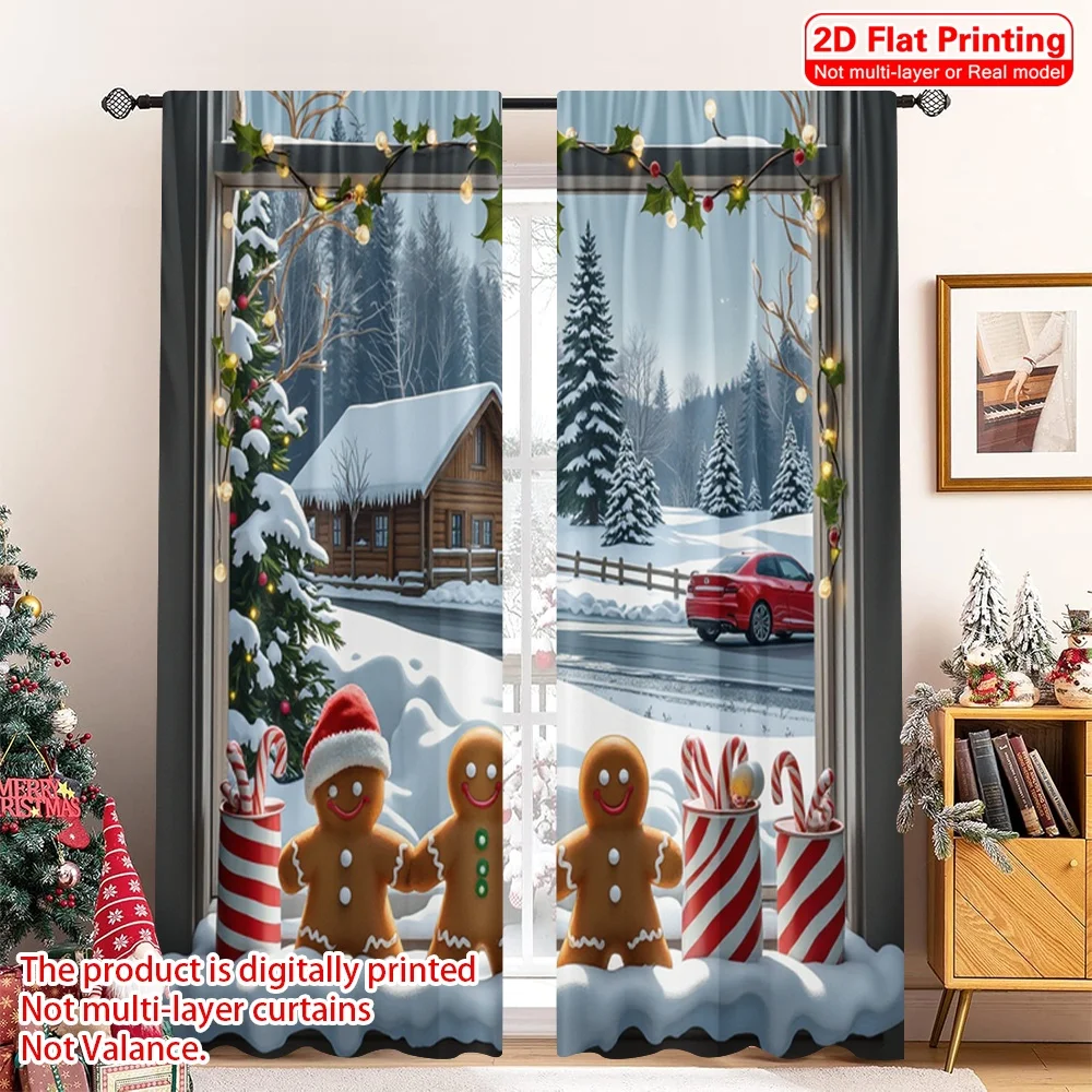 

2pcs 2D flat printing Christmas Drapes Gingerbread Men Christmas Scene Polyester Without Electricity Family Party Perfect for