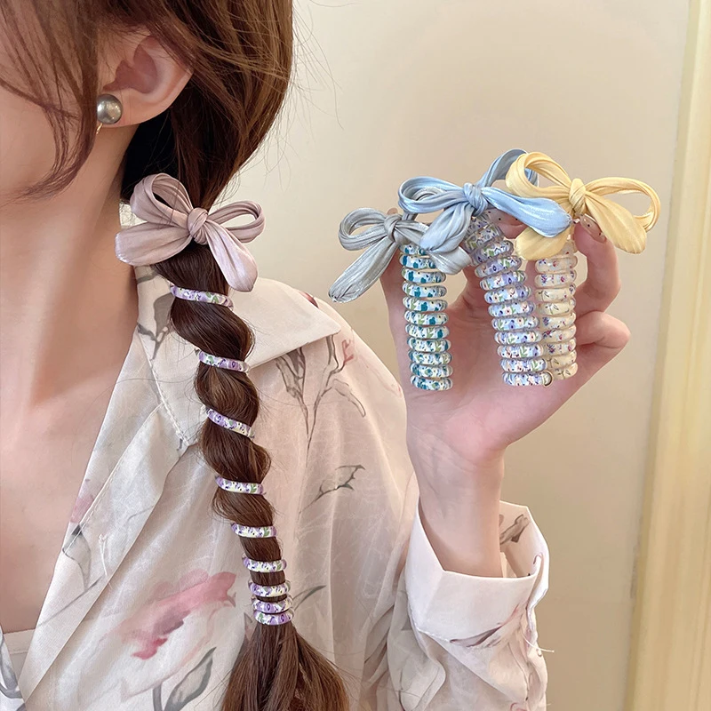 Bow Elastic Spiral Telephone Wire Hairband Sweet Cute Ponytail Braid Rubber Band Korean Style Fashion All-match Hair Accessories