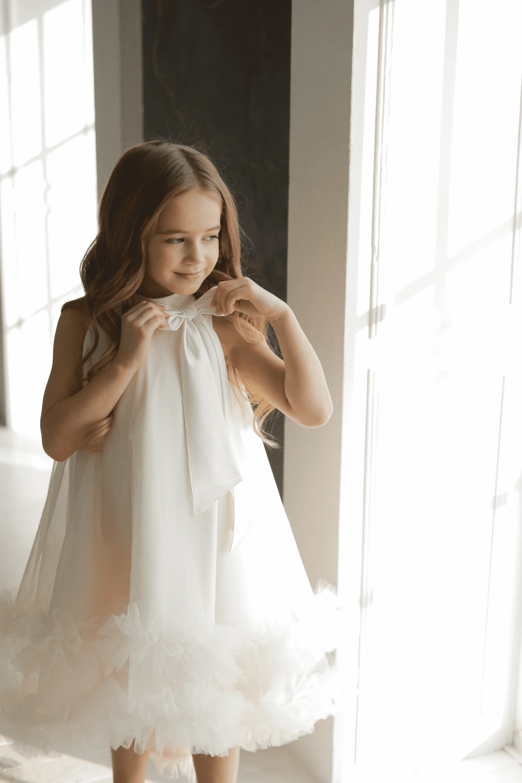 

Flower Girl Dress Ivory Tulle Puffy Sleeveless With Bow For Wedding Elegant Child First Eucharistic Birthday Party Dress