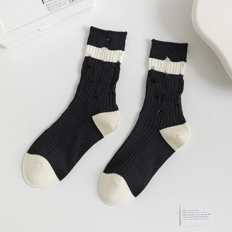 Black Striped Ripped Socks Women\'s Mid-tube Socks Spring and Summer New Double Needle Beggar Net Infrared Wear Women\'s Socks