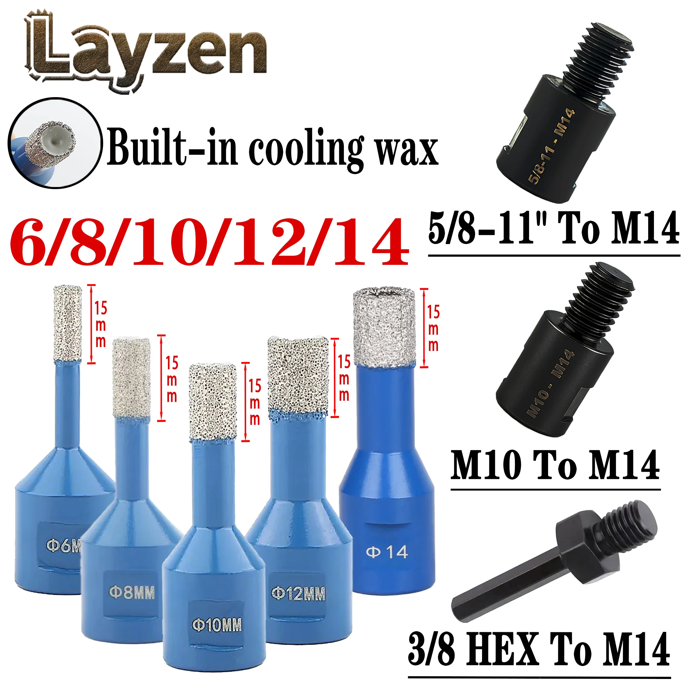 

5/6Pcs Set M14 Thread Vacuum Brazed Dry Diamond Drill Bit Hole Saw M10 5/8-11ToM14 Adapter For Porcelain Tile Granite Marble