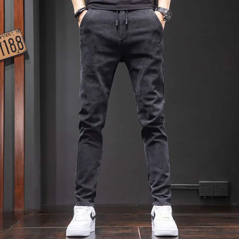 Autumn Elastic Waist Black Jeans Men Slim Fit Pencil Pants Korean Style Casual Drawstring Denim Trousers