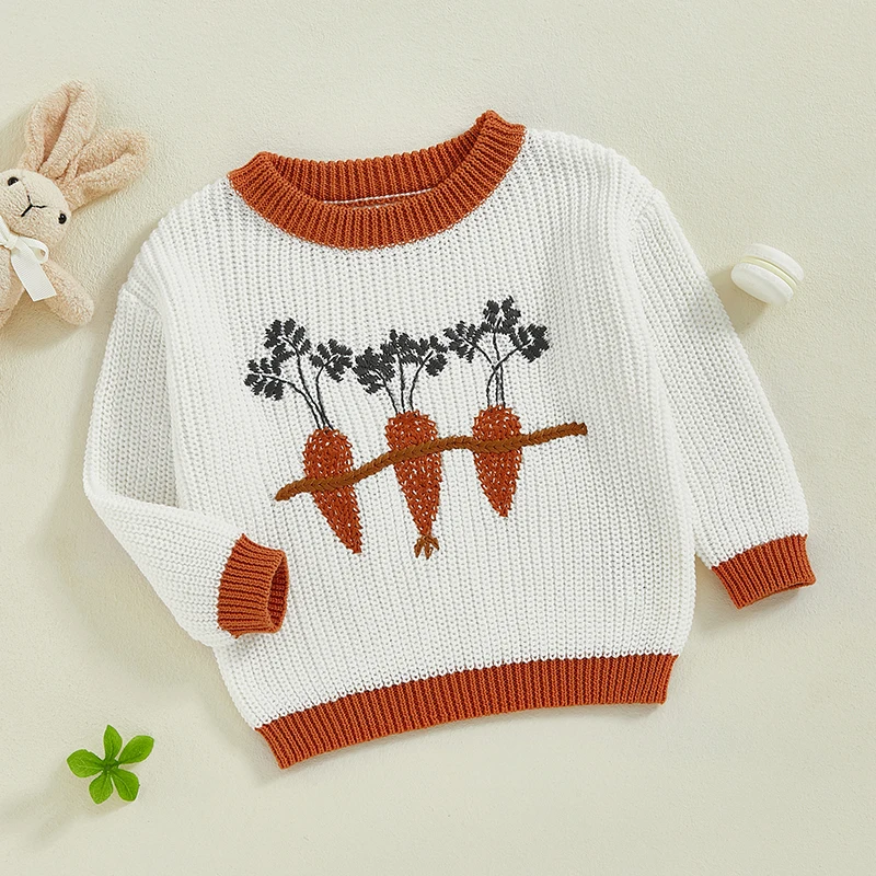 Tregren 0-3Y Toddler Baby Boy Girl Sweater Long Sleeve Crew Neck Contrast Color Carrot Warm Knit Pullover Infant Knitwear Outfit