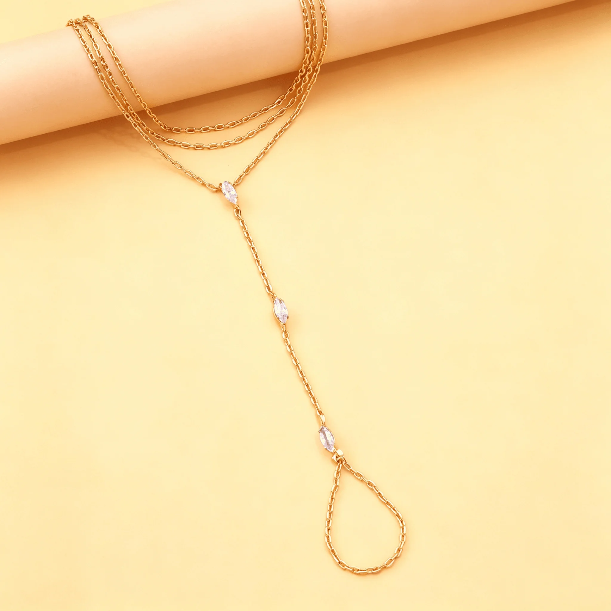 Layered Hand Chain Bracelet Women Crystal Drop Finger Ring Bracelet Triple Layer Rhinestone Slave Bracelet Elegant Jewelry Gift