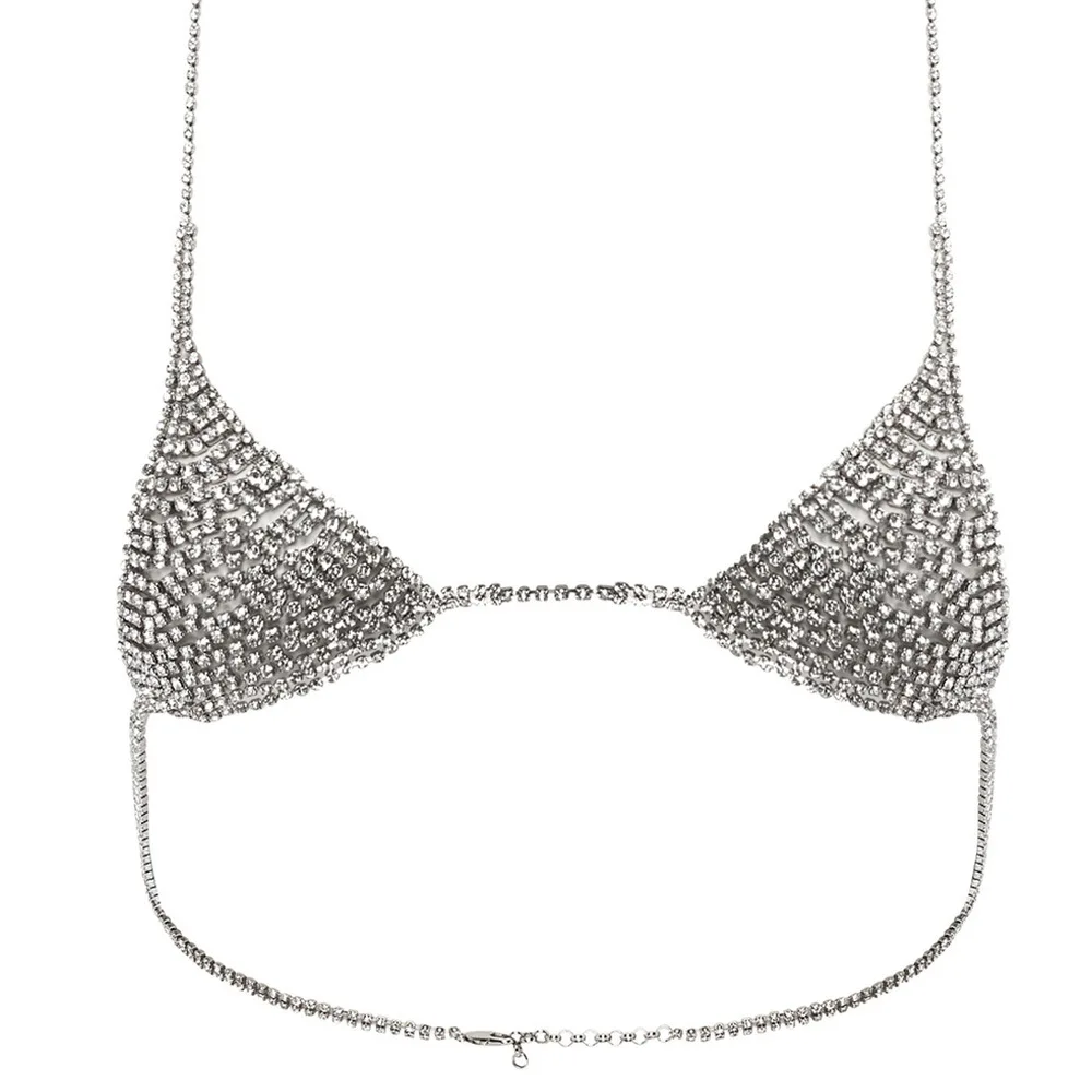 Triangolo alla moda Bikini Strass Catena sul petto Catena da spiaggia sabbiosa Gioielli Imbracatura versatile con strass per scollatura elegante