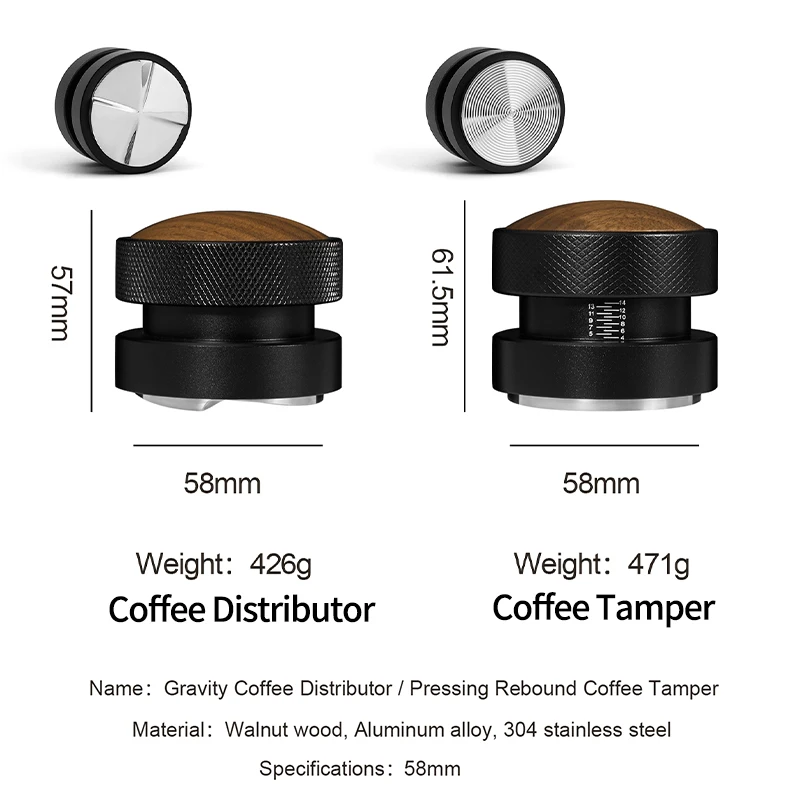 Self-leveling Espresso Coffee Tamper and Gravity Coffee Distributor Stainless Steel Walnut Cap 51mm 53mm 58.35mm