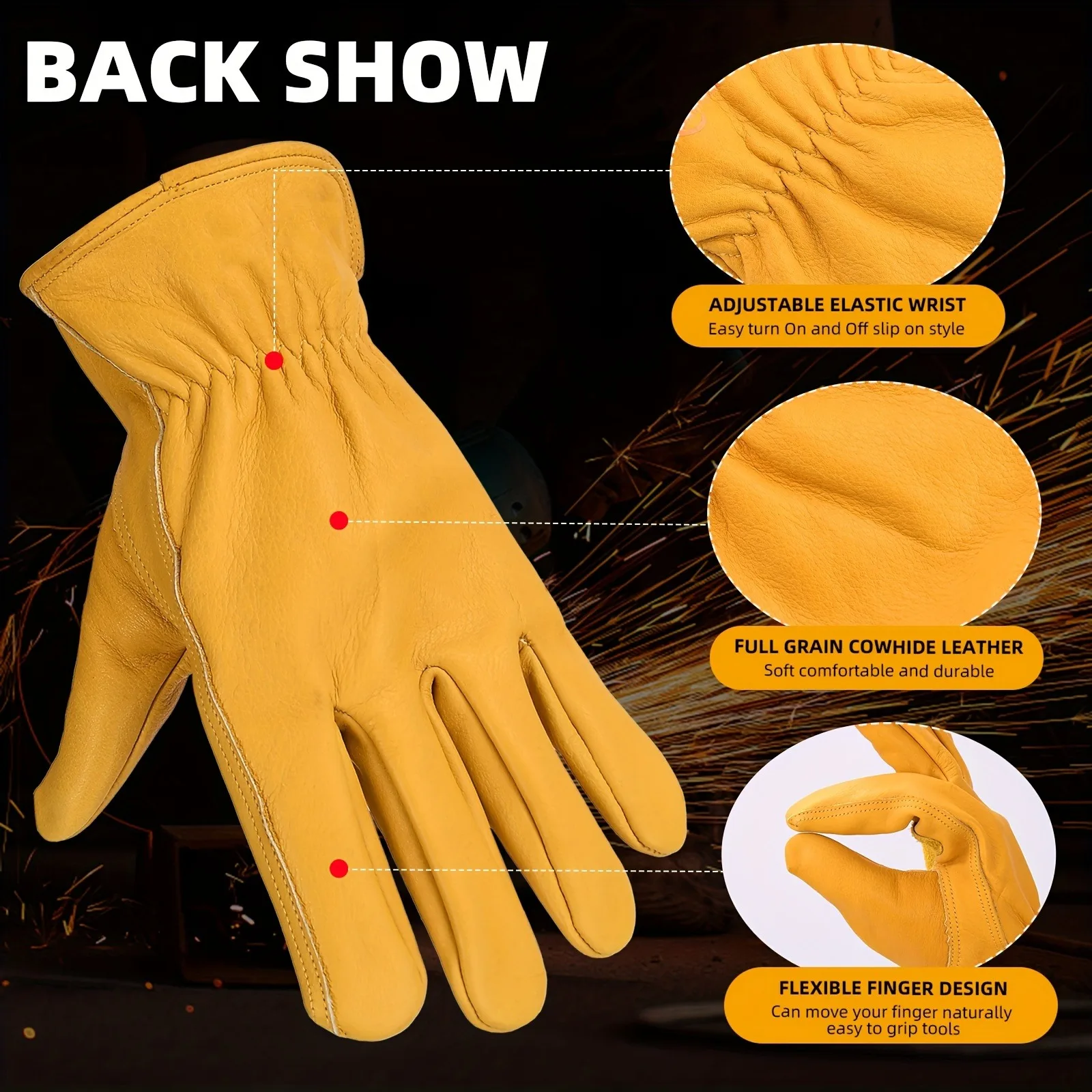 1 Pair Of Flex Grip Leather Work Gloves, Stretchable Wrist Tough Cowhide Working Gloves (Yellow)