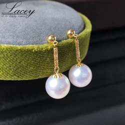 Perfect Round White Akoya Pearl Earrings For Women,Real 18k Gold Pearl Earrings Wedding Bride Gift