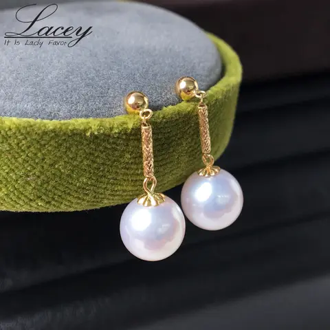 Perfect Round White Akoya Pearl Earrings For Women,Real 18k Gold Pearl Earrings Wedding Bride Gift