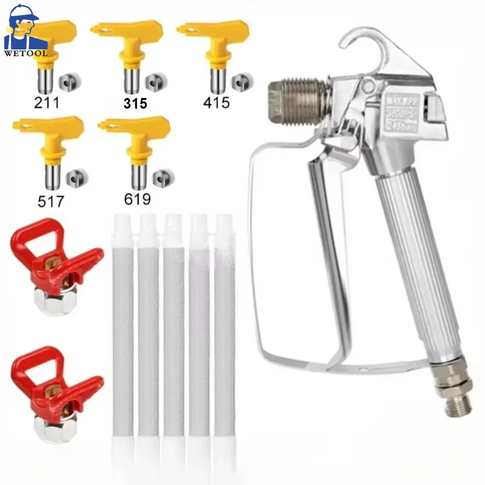 Airless Paint Spray Gun High Pressure 3600 PSI with 5pcs Tip 211，315，415，517，619 and 5pcs filters