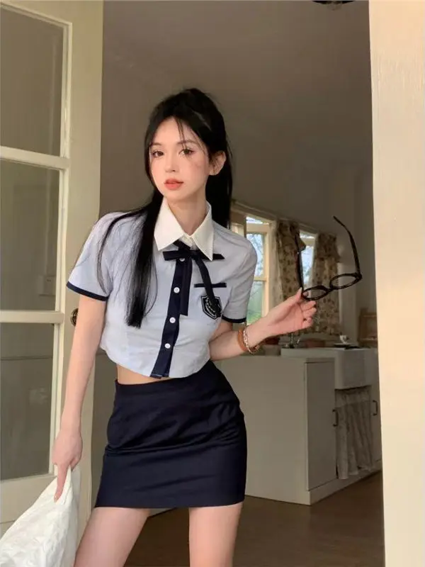 Korean College Style Jk Uniform Set Short Blue Shirt Women Summer  Skirt Sweet And Spicy Girl Short Top Student Workwear