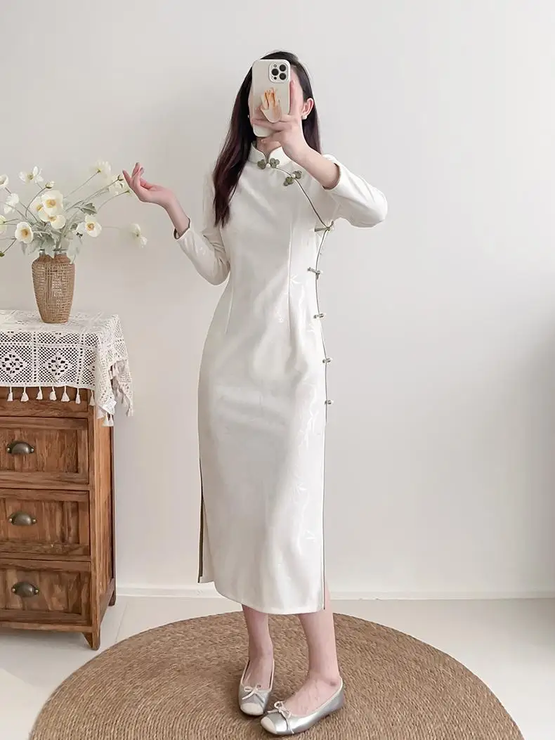 

Ele Young Women's Long Sve Qipao White Beautiful Personali New Chinese Sle Daily Small Size Fem Faionable