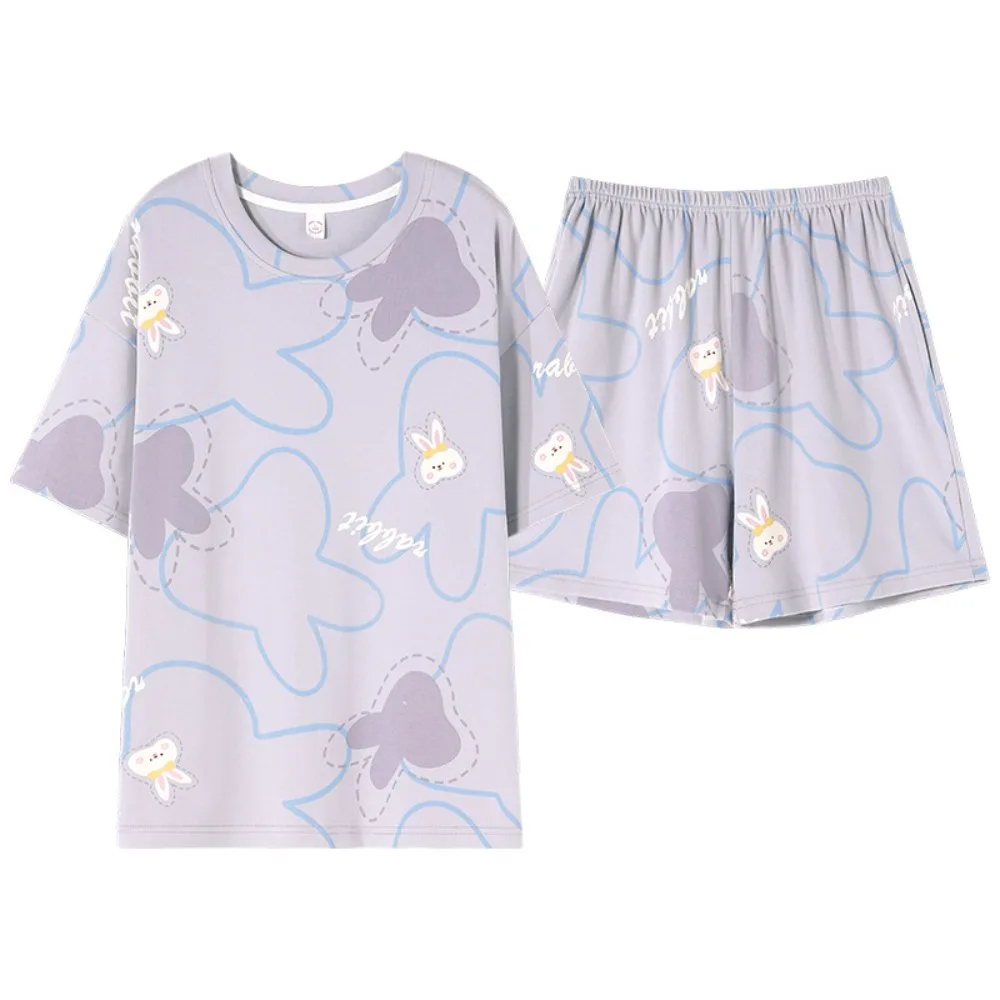 

Cute Flower Cotton Shorts Pajamas Set Thin Short Sleeve Cartoon Cotton Pajamas Summer Bear Rabbit 2 Pieces Sleepwear Home