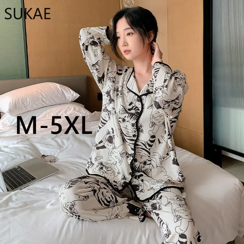 SUKAE M-5XL Autumn Winter Women\'s Sleepwear Home Clothes Cadigan Long Sleeves Pajamas Set Cute Cat Printed Lady Lapel Pijamas