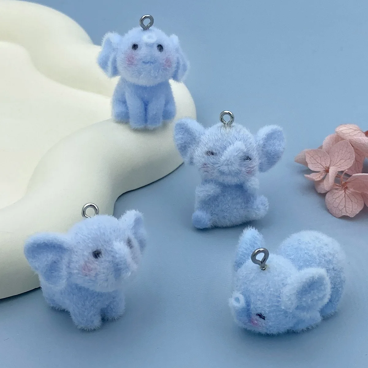 

20Pcs 3D Kawaii Flocking Elephant Resin Charms Cute Miniature Fluffy Animal Pendants for Keychain Necklace DIY Jewelry Make