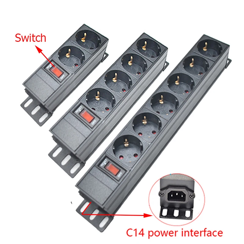 PDU Power Strip Distribution Unit with Switch C14 Input 2-8 Ways EU German Socket Outlets Aluminum Alloy Shell for Electronics