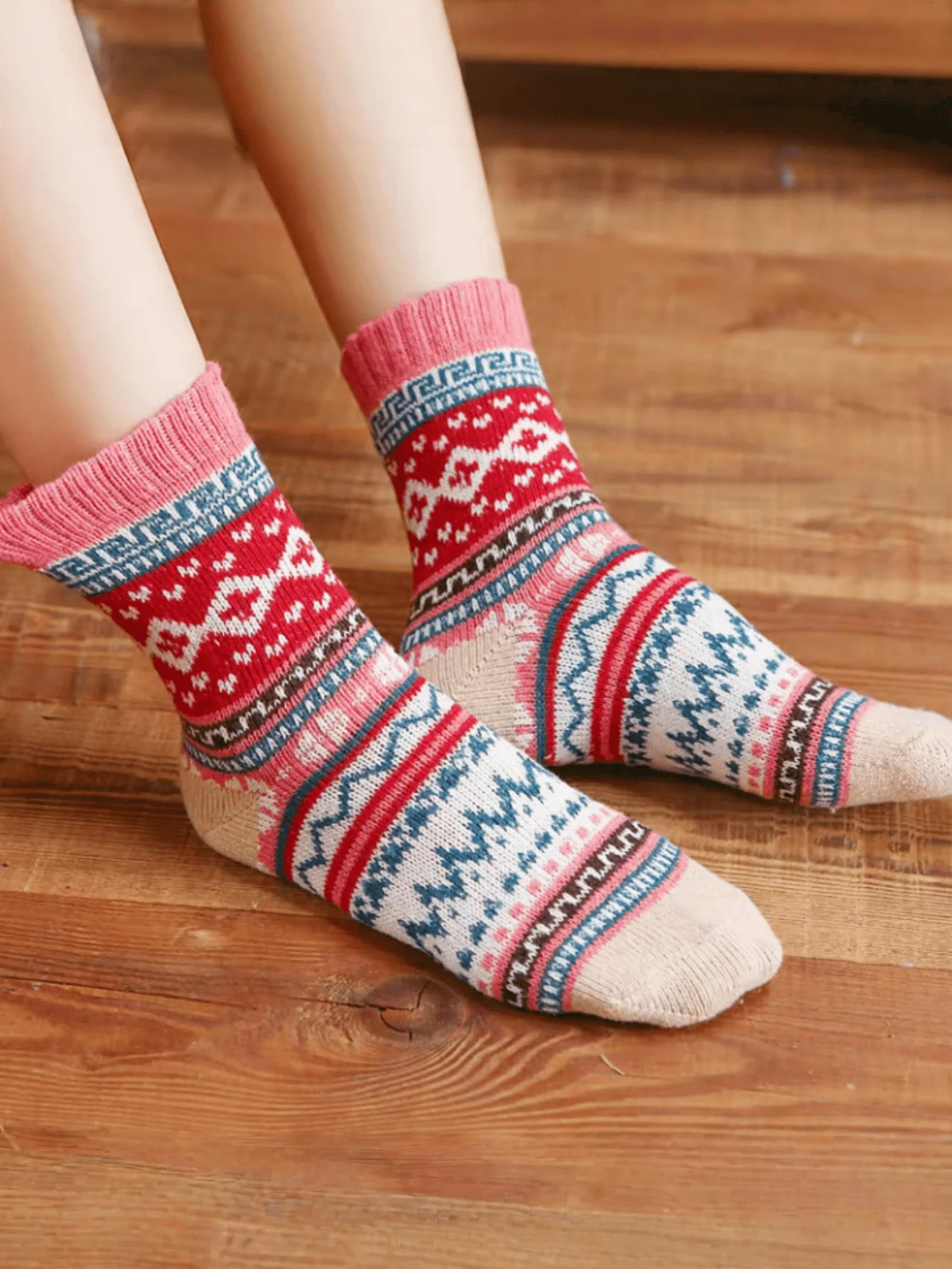 Calcetines de mujer de estilo étnico Retro, calcetines de lana gruesos y cálidos con flores cruzadas, calzado femenino Cultural artístico