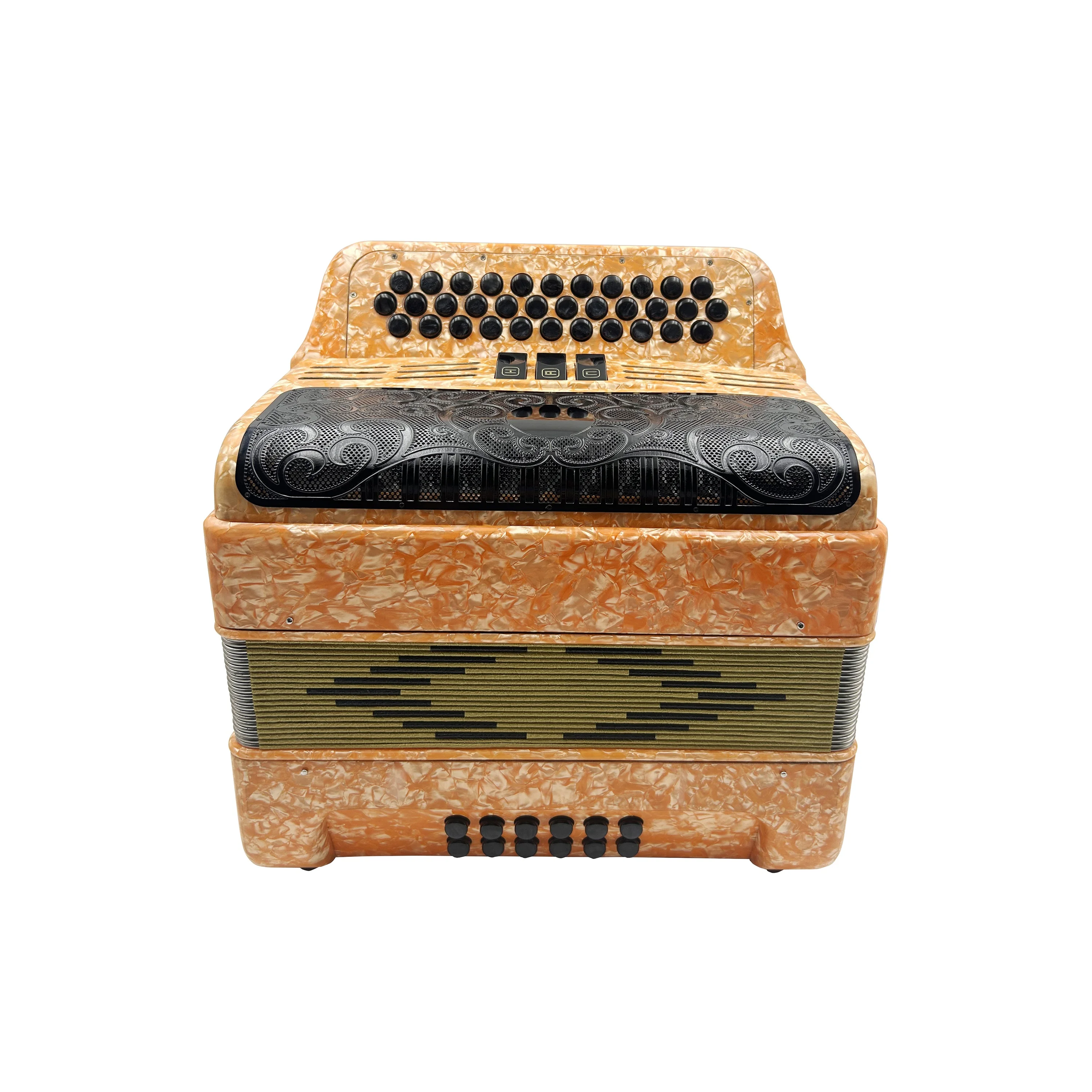 Professional 34-Button 12-Bass 3-Register Accordion Orange Celluloid Body Black Grill Buttons Diatonic Wood Acordeon