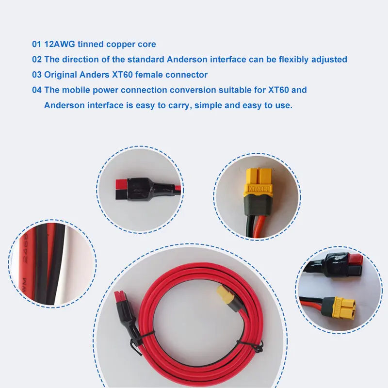 XT60H-F to 45A Anderson Plug Cable / XT60 Female to Anderson Solar Power Cord Adapter Cable 12AWG  1M Tinned Copper Power Cable