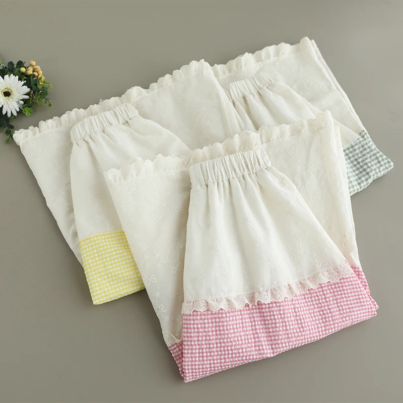 Japanese Sweet Mori Girl Vintage Plaid Embroidery Patchwork Skirts Women Summer Elastic Waist Casual Loose A-Line Midi Skirts
