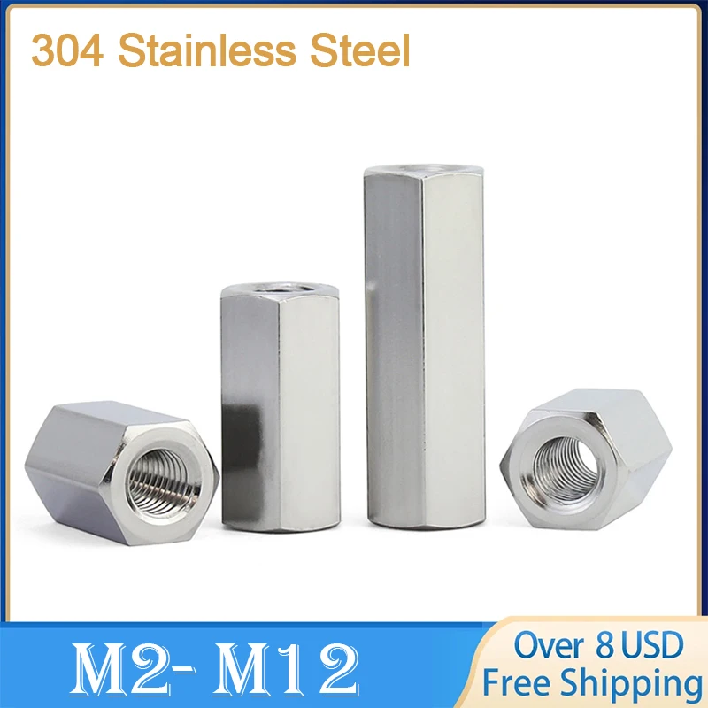 Sechskant-Abstandshalter aus Edelstahl 304, Buchse auf Buchse, lange Stangenkupplung, Sechskantmutter, Bolzen M2, M2,5, M3, M4, M5, M6, M8, M10, M12