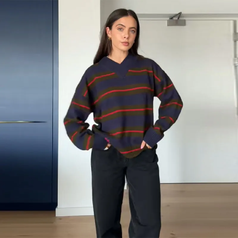 

Модный пуловер контрастного цвета с v-образным вырезом в полоску, винтажные топы, классический шикарный повседневный свитер, осенне-зимний женский внутренний наряд