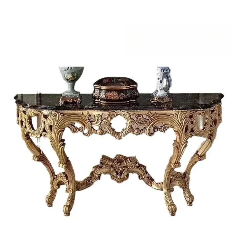 

European-style foyer furniture, luxury villa handmade solid wood carving flower marble surface entrance