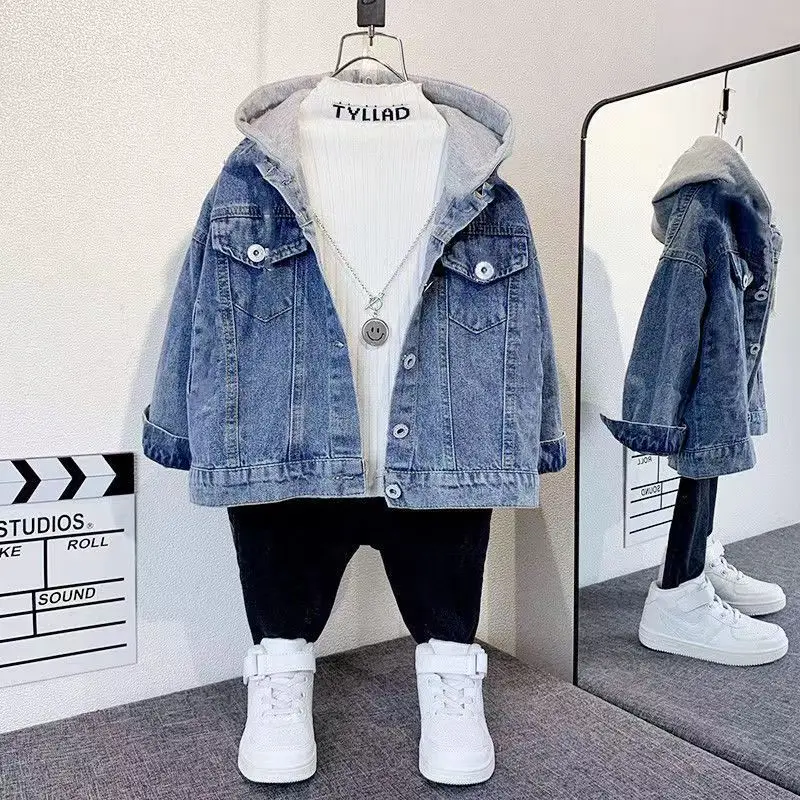 Boys Denim Jacket Spring Autumn Hooded Patchwork Jacket Boys Baby Fashion Embroidered Denim Jacket Kids Casual Clothing 2-7Y