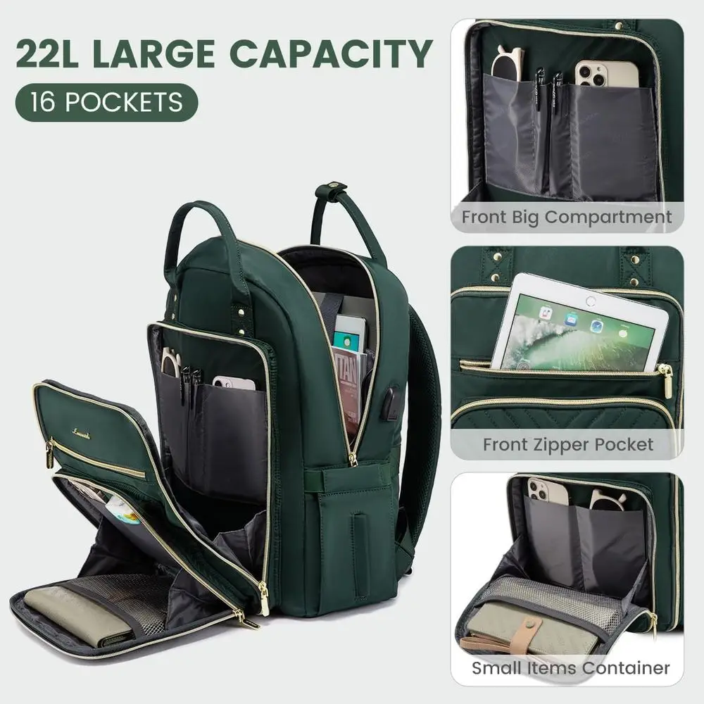 15.6 Sac à dos étanche pour ordinateur portable pour femme pour le travail et les voyages, sac à dos vert foncé pour enseignants et infirmières