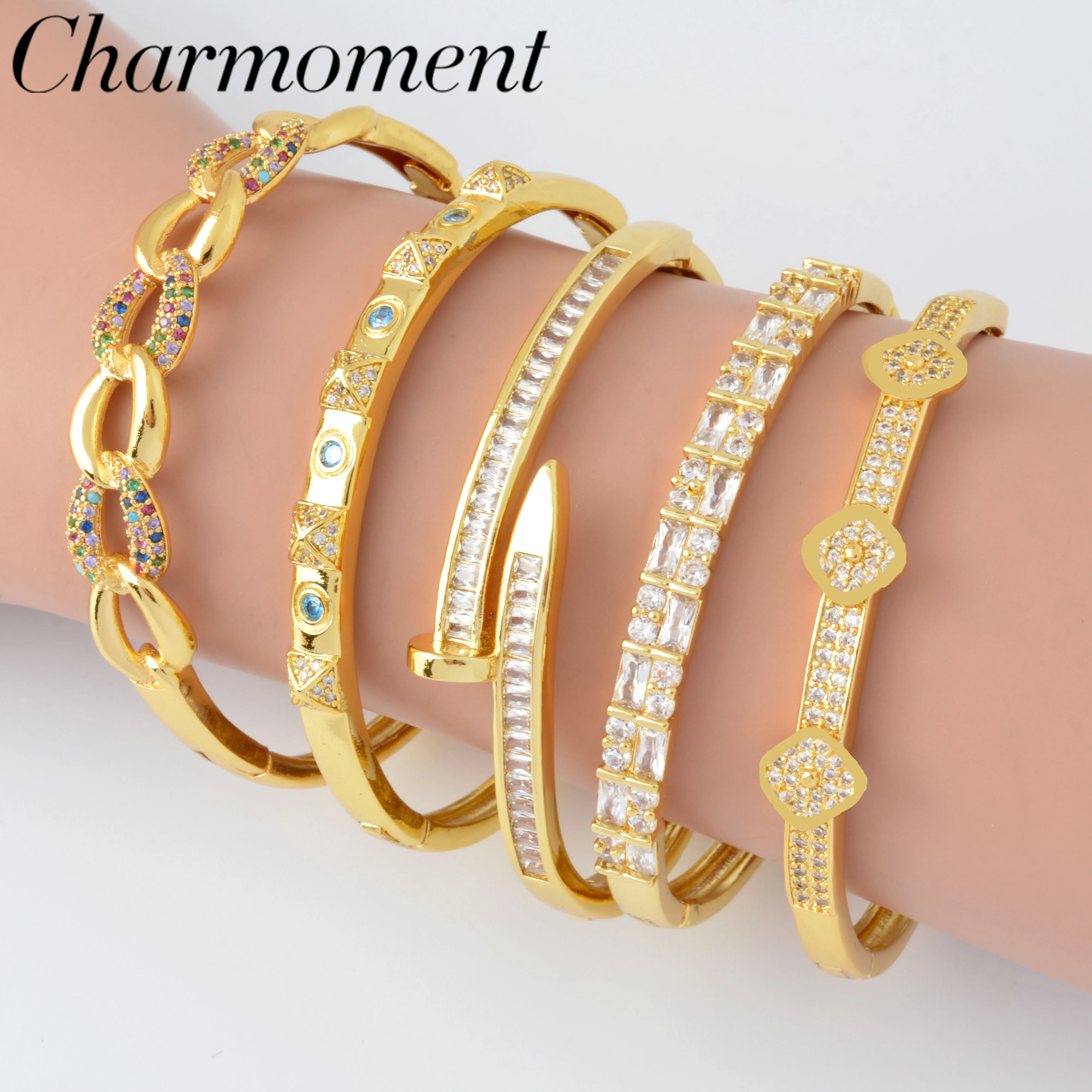 Charmoment Jewelry Punk Bracelet Unisex Hand Jewellery Gold Color Screw Geometry Colourful Zirconia Bangle Wholesale Party Gift