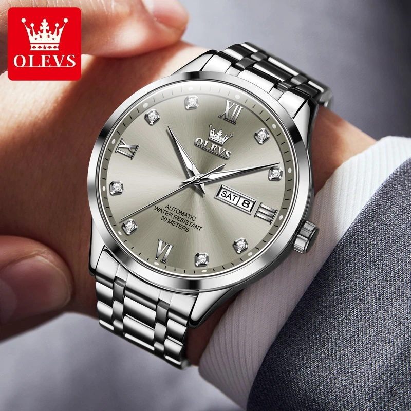 OLEVS 9946 New In Automatic Mechanical Watch for Man Luxury Diamond Dial Dual Calendar Display Auto Date Clock Waterproof Watch