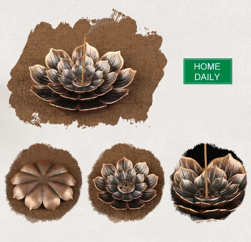 Zinc Alloy Buddhism Lotus Backflow Incense Burner Stick Incense Holder Home Decoration Coil Censer Bronze Air Vaporizer Supplies