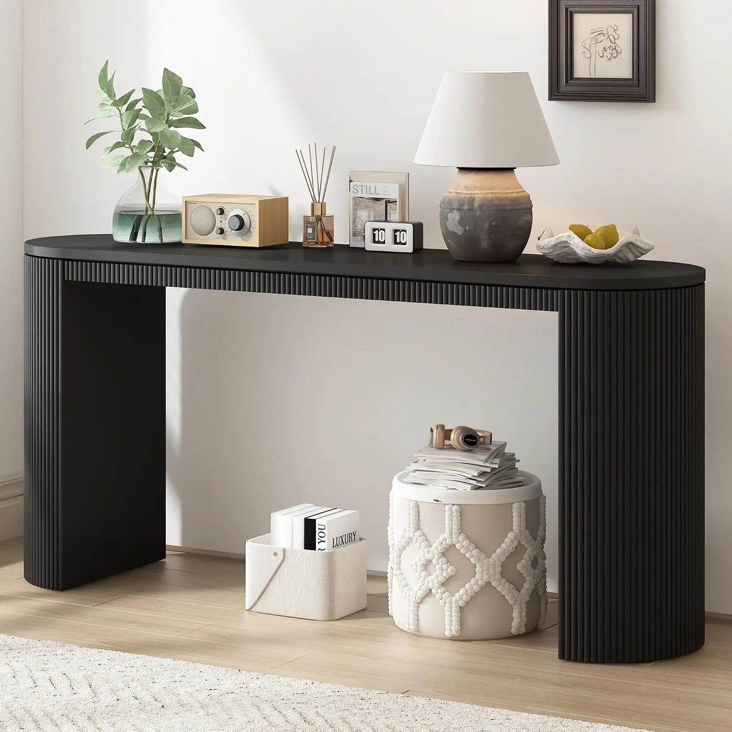 Curved Console Table 59.2-Inch Fluted Entryway Sofa Table Living Room Hallway Furniture Black, Customized
