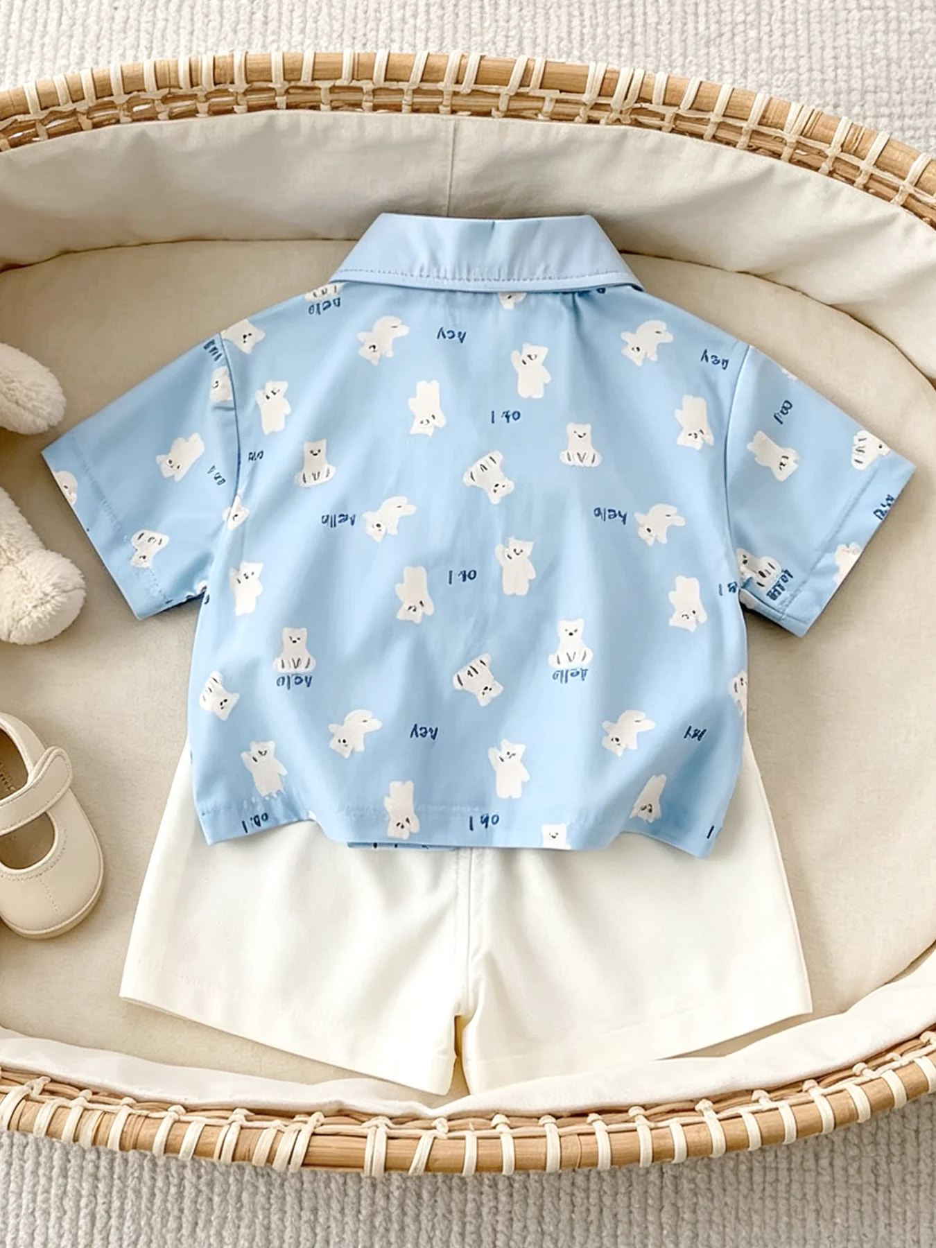 Boys' Cool-Feel Two-Piece Set with All-Over Bear Print, Light Blue Summer Baby and Toddler Shirt and Shorts Outing Set