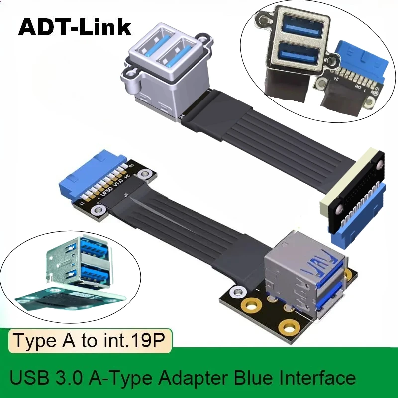 

ADT-Link USB 3.0 Dual Type A to Int.19P Type E Extension Adapter Blue Interface 19 Pin 20 Pin Front Rear Corner With Screw Holes