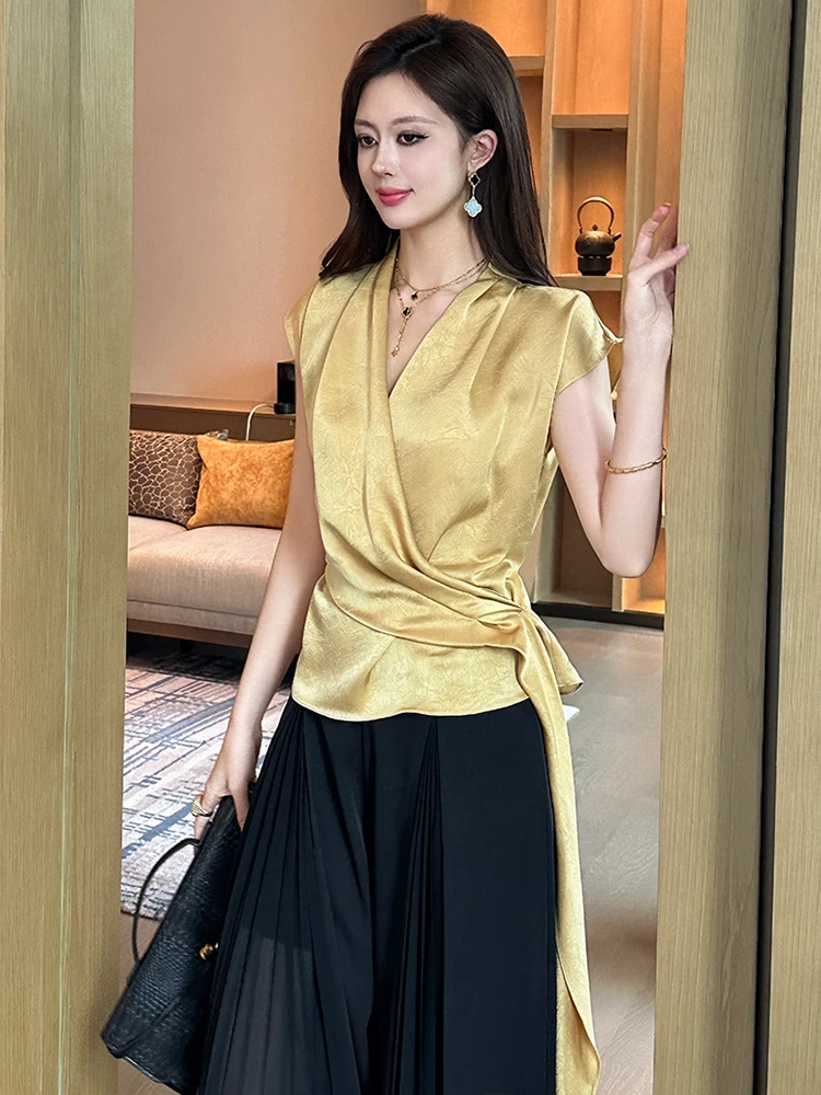Women's French Elegant Professional Shirt Feminine Casual Ribbon Folds Loose Tops Female Party Work Blouse Sweet Clothes Mujer