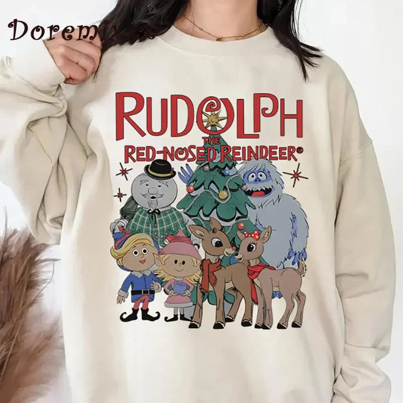 Rudolph The Red Nosed Reindeer Women Pullover Sweatshirt Long Sleeve Casual Sports Lady Oversized Hoodie Cute Christmas Hoodies