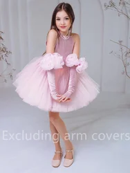 Pink Tulle Puffy Velvet Sleeveless With Bow Flower Girl Dress For Wedding Princess Kids Birthday Party First Communion Ball Gown
