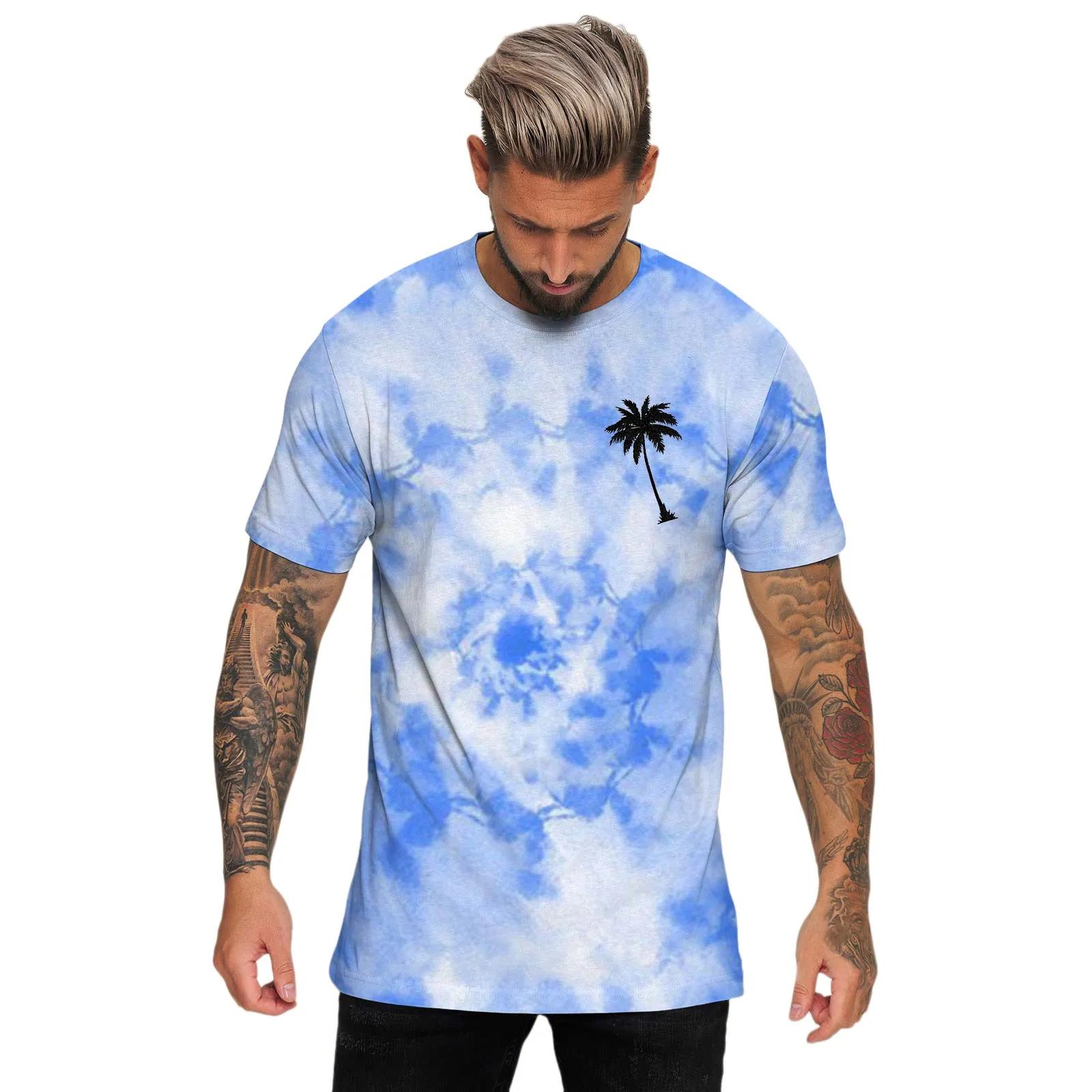 Summer Hawaii Beach Casual T-Shirts Mens Litter Tree Print Short Sleeve Loose T Shirt Male Hawaiian Round Neck Tee Shirts Tops