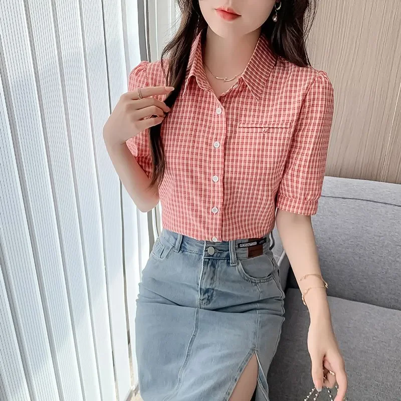 Women's Cotton Plaid Short Sleeve Shirt Korean Style Retro Casual Blouse