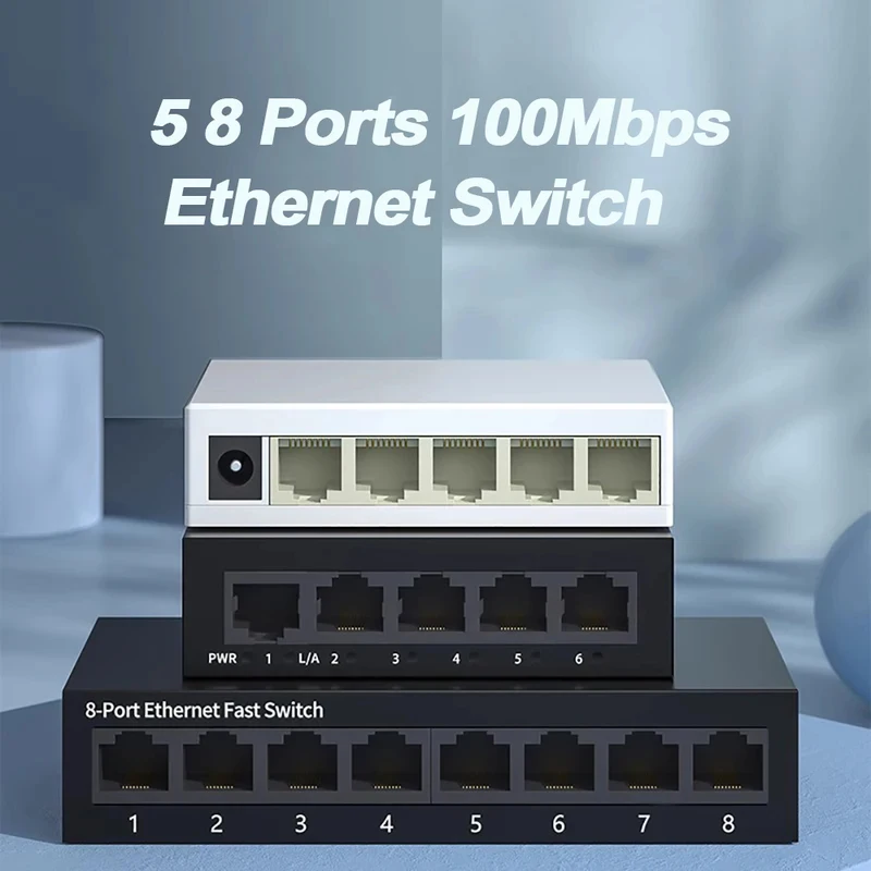 5/8 Port Fast Ethernet Switch 10/100Mbps – Mini Desktop Network Switch Hub with EU Plug Power Adapter, Unmanaged Plug & Play LAN