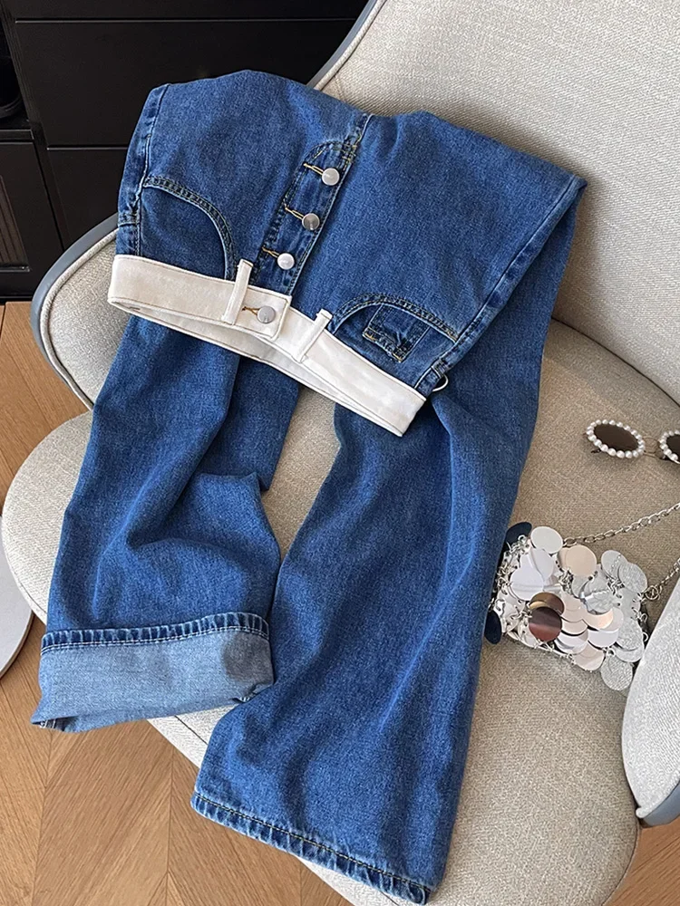 Blauwe damesjeans hoge taille vintage rechte losse denim broek streetwear Y2K Amerikaanse klassieke mode wijde pijpen denim broek