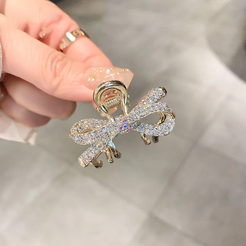 Cute Korean Style Rhinestone Bow Hair Claw Clips, Mini Sweet Hair Clips for Bangs & Half Up Hairstyles Women Girls Bangs view 3
