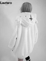 Lautaro Jesień Zima Oversized Sweet Warm Thick Soft Faux Fur Hoodie Women with Bear Ears Harajuku Punk Style Fluffy Jacket