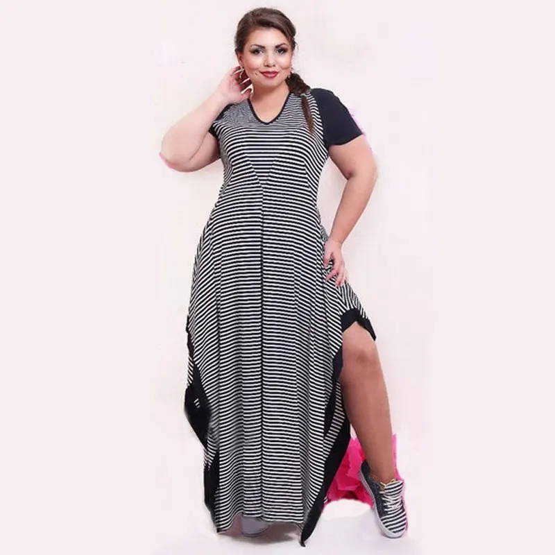 Big size 6XL gruby MM kobieca sukienka letnia w stylu casual, czarny i biały pasek sukienki z rozcięciem plus rozmiar odzież damska 6xl sukienka